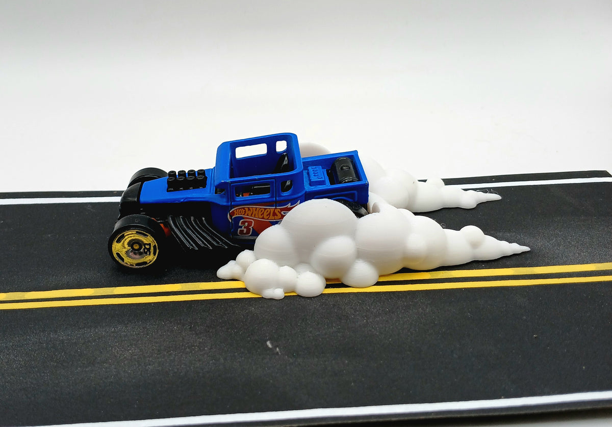 1:64 Scale White Hot Wheels Burnout Smoke 3D Printed Diorama