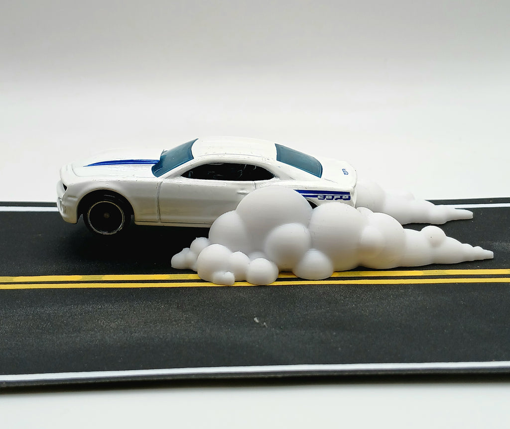 1:64 Scale White Hot Wheels Burnout Smoke 3D Printed Diorama