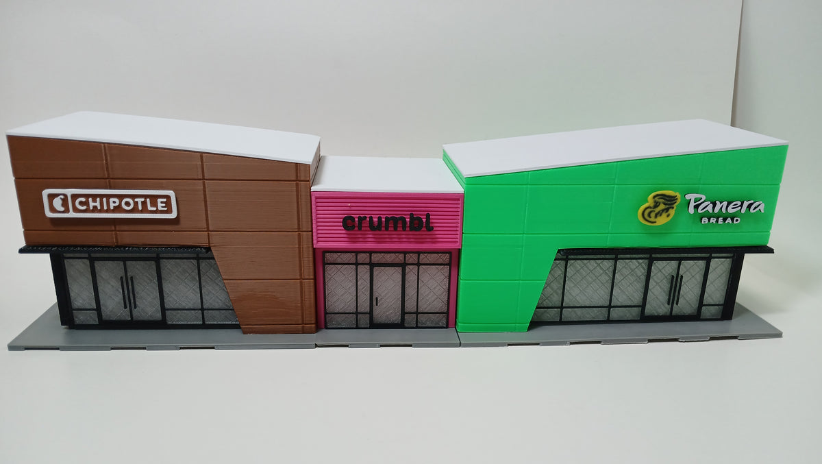 1:64 Scale 3D Printed Food Strip Building Kit - Chipotle Crumbl Panera Diorama